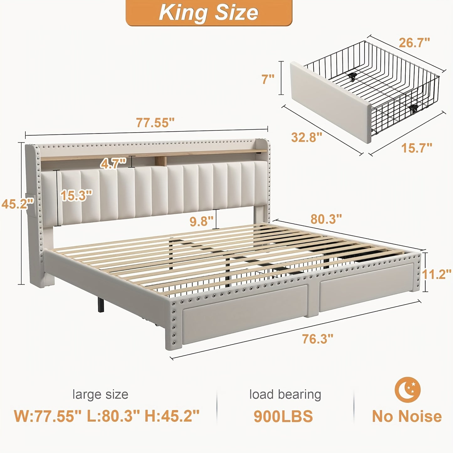 Soft Upholstered Bed Frame with 2 Storage Drawers Full/Queen/King Size Low Profile Platform Bed Base, Heavy Duty 1000lbs Steel Frame, No Box Spring Needed for Apartments/Dorms | Easy Assembly (Gray/Beige)