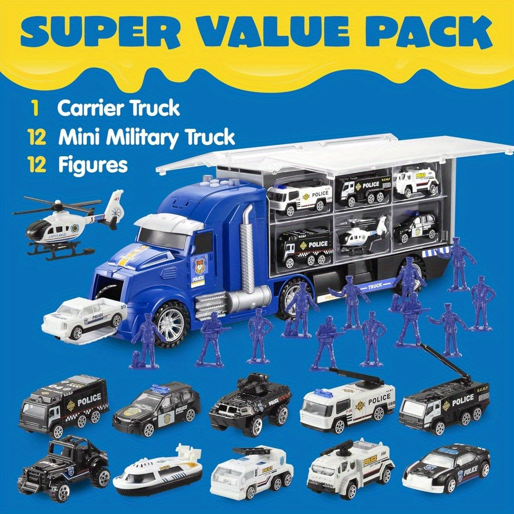 SYNCFUN 25in 1 Police Rescue Truck Car Toy Set with Sounds and Lights, Mini Vehicles in Carrier Truck, Play Police Patrol Rescue Vehicle Toy, Birthday Gifts for Over 3 Years Old Boys