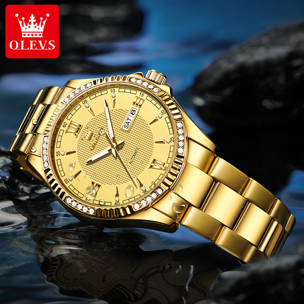 OLEVS Luxury Men'S Automatic Mechanical Watch with Luminous Hands & Dual Calendar - Stainless Steel Business Chronograph, Golden-Tone Dial, High Quality (1181.1inch) - Self-Winding Movement, No Battery/Easy Maintenance, Elega