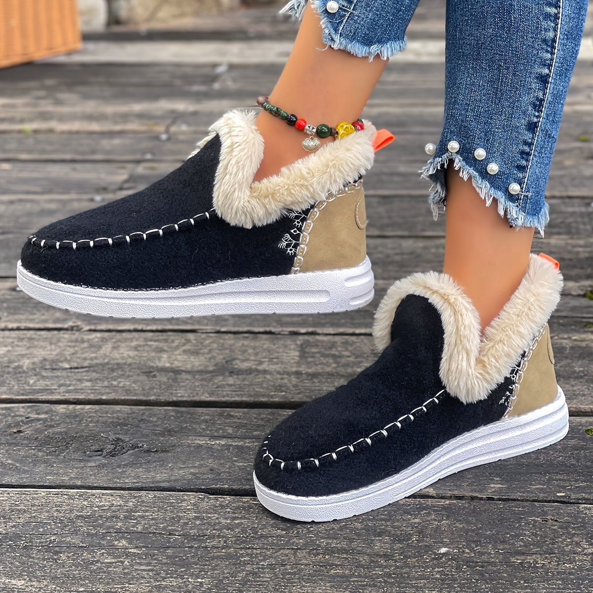 Women'S Plus Size Cozy Plush Slip-On Snow Boots with Soft Rubber Sole - Lightweight Warm Winter Boots with Cushioned Insole, Round Toe & Arch Support, Casual Outdoor Shoes for Cold Weather, Black & Brown (Canvas Lining) - Ide