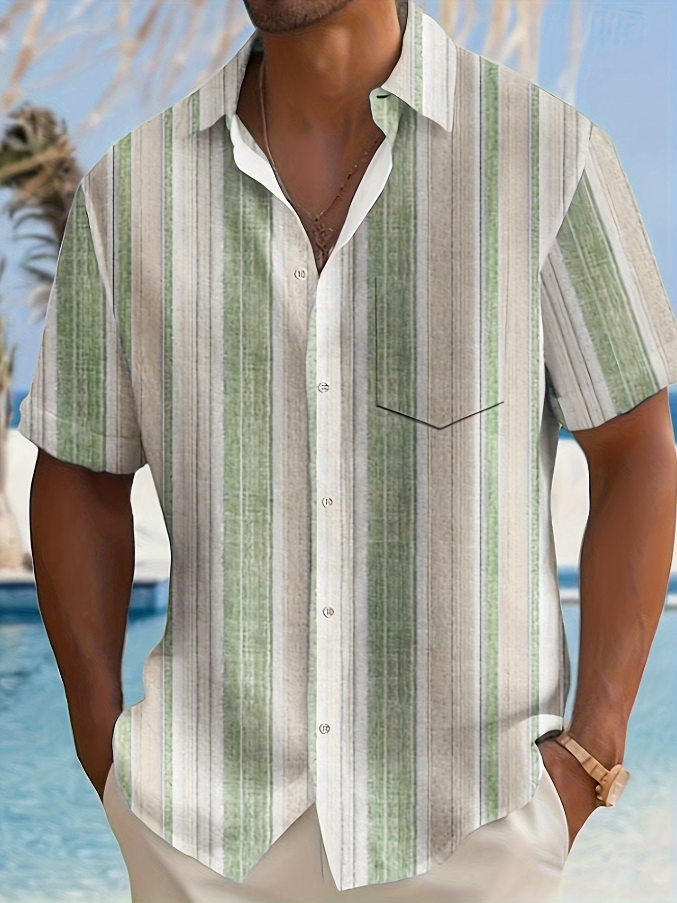 Men's Casual Short Sleeve Shirt with Full-Body Digital Print - Striped Design, Regular Fit, Button Front, All-Season Versatile Top for Casual Outings