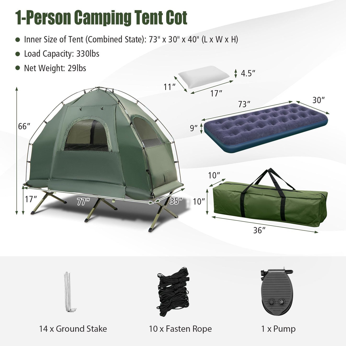 MULTIGOT Outdoor Foldable Camping Tent Cot - 5-in-1 Elevated Portable Single Sleeping Pad with Air Mattress, Pillow & Sunshade, Lightweight Hexagonal Design for Hiking, Travel, Picnic (Green), Camping Mattress, Picnic Gear, E