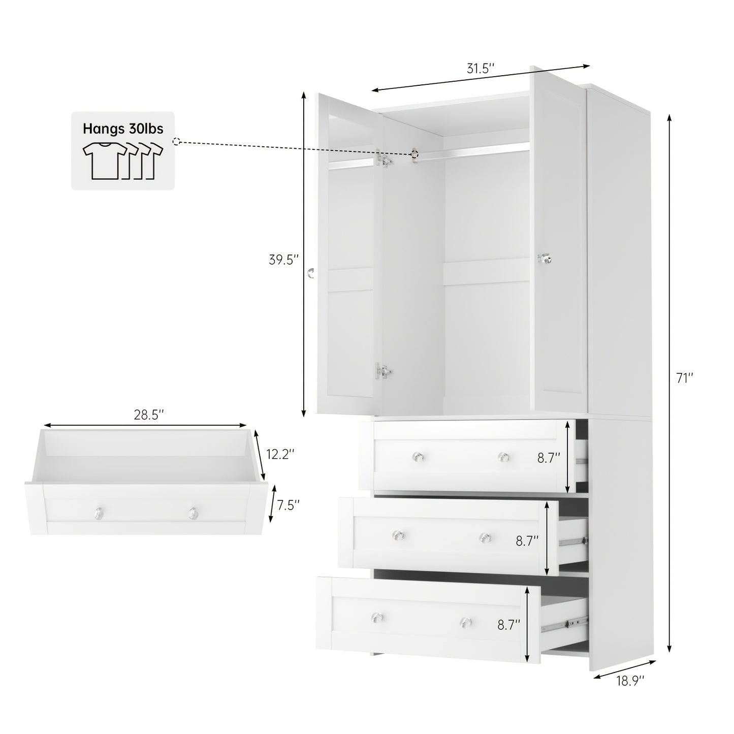 71" Wardrobe Armoire Closet with Mirror, 3/6 Large Drawers & 2/4 Doors, Gifts for Christmas