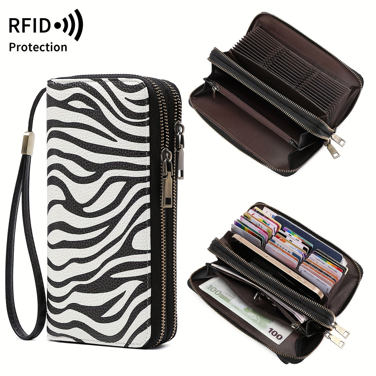 Retro Leopard Print Women'S Double Zipper Multi-Slot Large-Capacity Wallet, Fashion Handbag, Lining, RFID Blocking, Multi-Function Credit Card Clip, Women'S Clutch Bag with Wristband, Birthday Gift, Valentine'S Day Gift