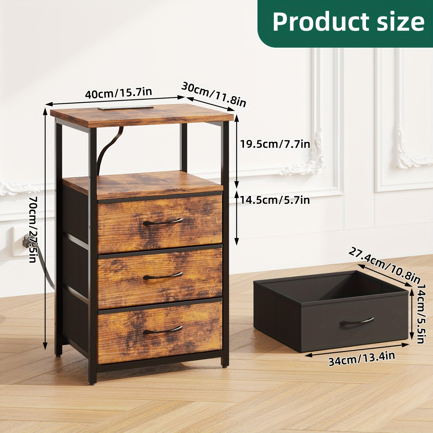 WHONLINE 1/2pcs Night Stand With Charging Station, Nightstand 1/2 Set With 3 Fabric Drawers, End Table With Storage, Night Stand For Bedroom, School And Dormitory Storage, Black End Table, Heavy Duty Night Stand, For Hallowee