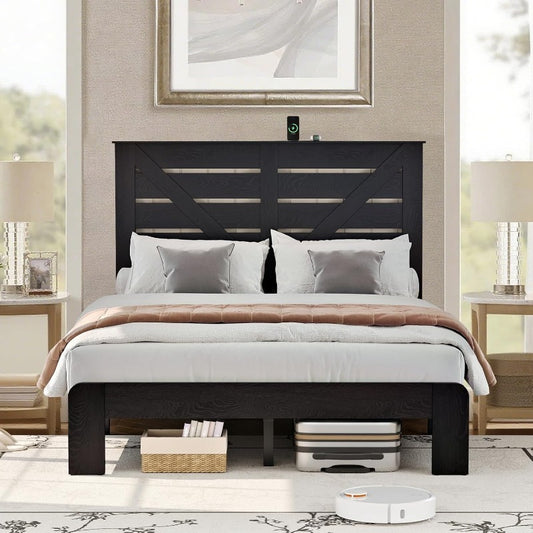 King Size High Bed Frame Black Color | Heavy Metal Bed Frame and Imitation Wooden Headboard, Easy and Easy to Assemble, With USB Charging Station and Night Light Function, Free Home Delivery (no Mattress)