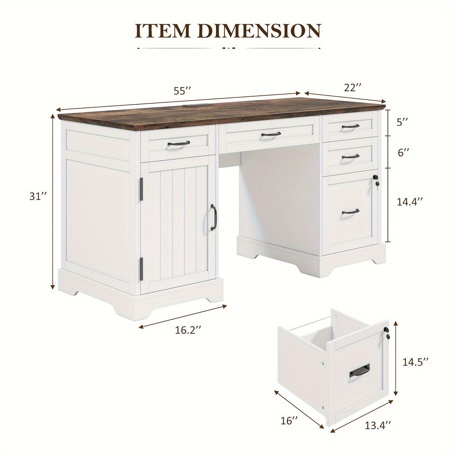 55'' Farmhouse Executive Desk with Power Outlets, Home Office Desk with Drawers And Cabniet
