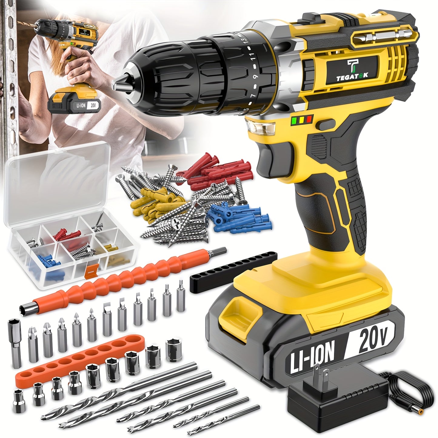 20V Cordless Drill Set, Impact Power Drill with 3/8 Inch Keyless Chuck, 18+3 Clutch Electric Drill with Work Light, Max Torque 45Nm, 2-Variable Speed & 2.0AH Batteries And Fast Charger, Bits Set And Box for, Home Repair, Gift