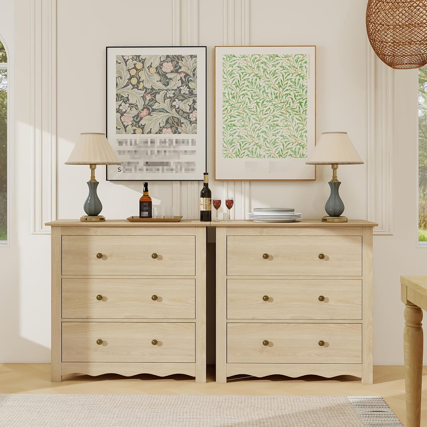 34" Tall Cabinet With 3 Drawers Set Of 2, Mid Century Modern Wooden Dressers Chest Of Drawers With Handles, Waveform Nightstand Dresser, Storage Organizer For Bedroom, Hallway, Living Room, Wood