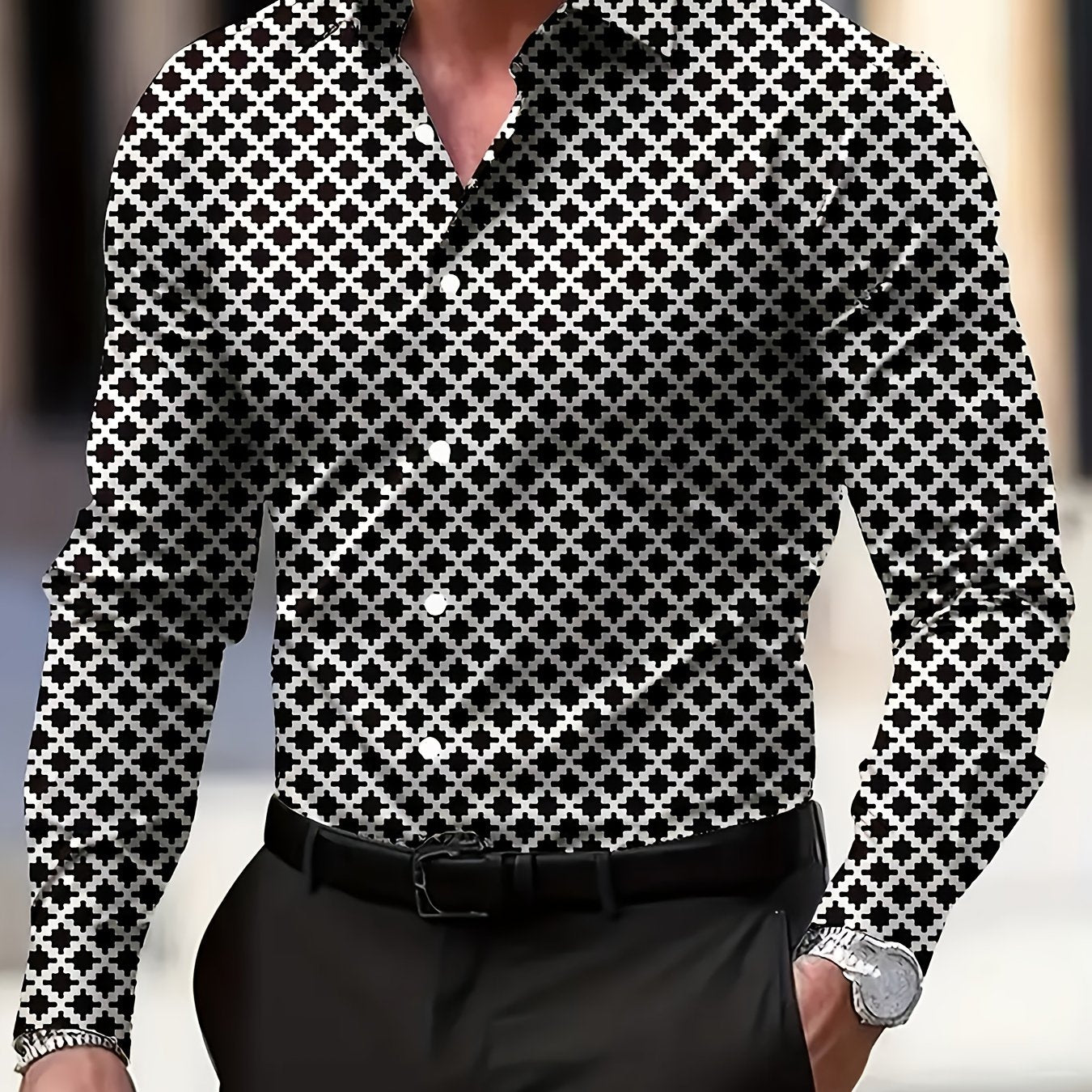 Shule Water OBM Men's Black & White Houndstooth-Like Dot Shirt - Golden Collar, Loose Fit Long Sleeve Dress Shirt, Business Casual & Formal Wear, Machine Washable All-Season Button-Up for Work, Wedding, Office (Classic Men's