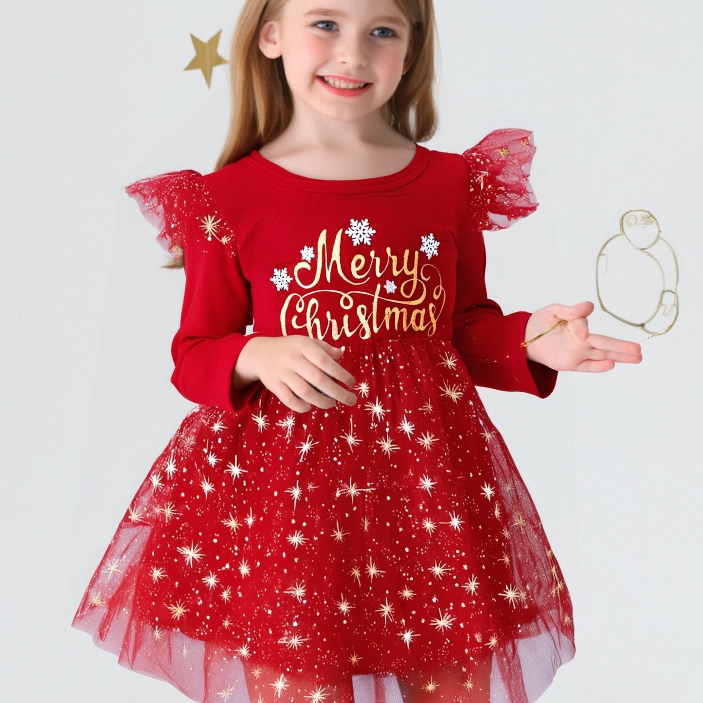 Toddler Girls' Sparkly Red Christmas Dress with Tulle Tutu Skirt & Headband - Long Sleeve Ruffled Sleeves, Merry Christmas Lettering & Star/Flower Embellishments, Knee-Length Flared Umbrella Skirt for Holiday Parties & Photo