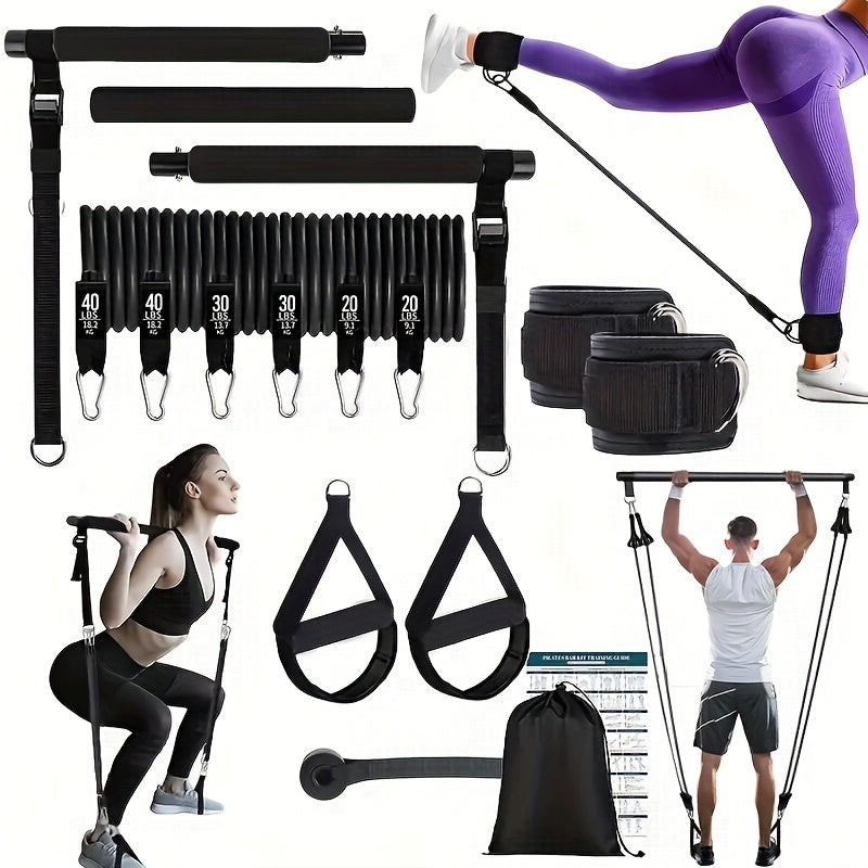 14pcs Pilates Bar Set with 6 Resistance Bands (180 lbs), Multi-Functional Fitness Stepper and Stretching Trainer, Yoga and Home Workout Equipment
