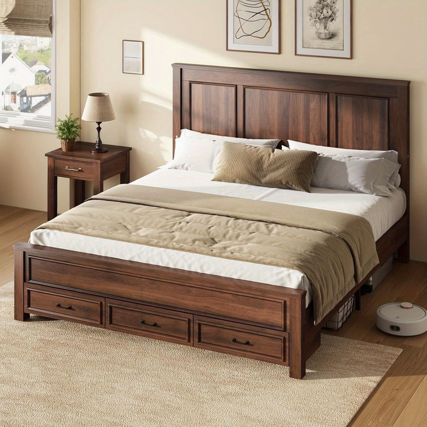 Wooden Platform Bed Frame Featuring a Tall 52.2" Headboard And Footboard, Along with Two Spacious Storage Drawers.