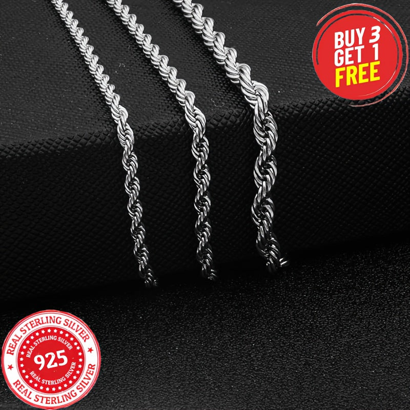 925 Sterling Silver 3mm Twist Necklace, Classic Simple Design, Unisex, Suitable For All Occasions - Valentine'S Day, Halloween, Christmas, Anniversary Or As A Holiday Gift (including Gift Box); Buy Three, Get One Free