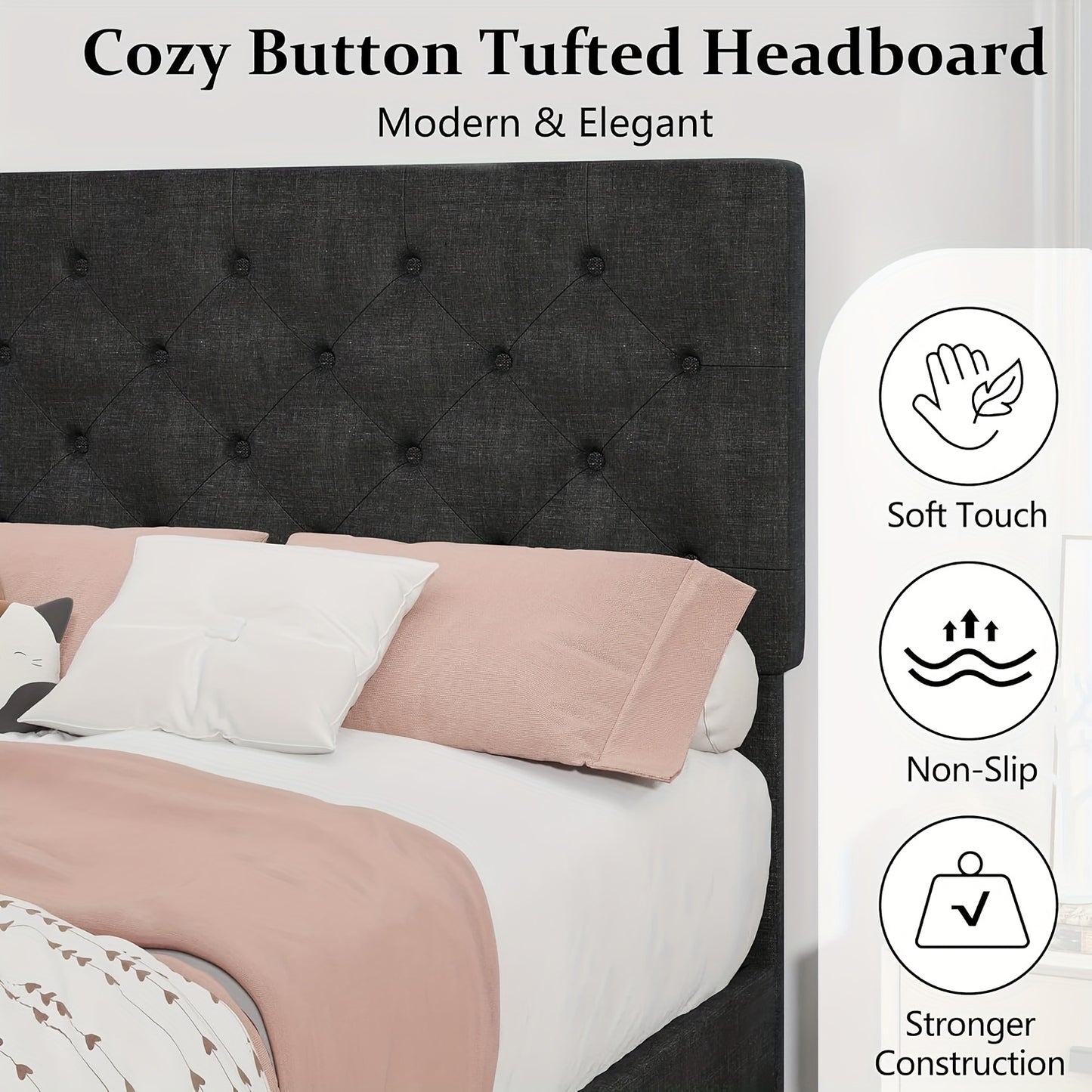 Twin/Full/Queen/King Size Bed Frame With Headboard, Linen Fabric Upholstered Bed Frame With Wood Slats(mattress Not Included), Halloween Decor, Wood Slats For Easy Assembly, Button Tufted, White/Blue/Dark Gray/Light Gray/Pink