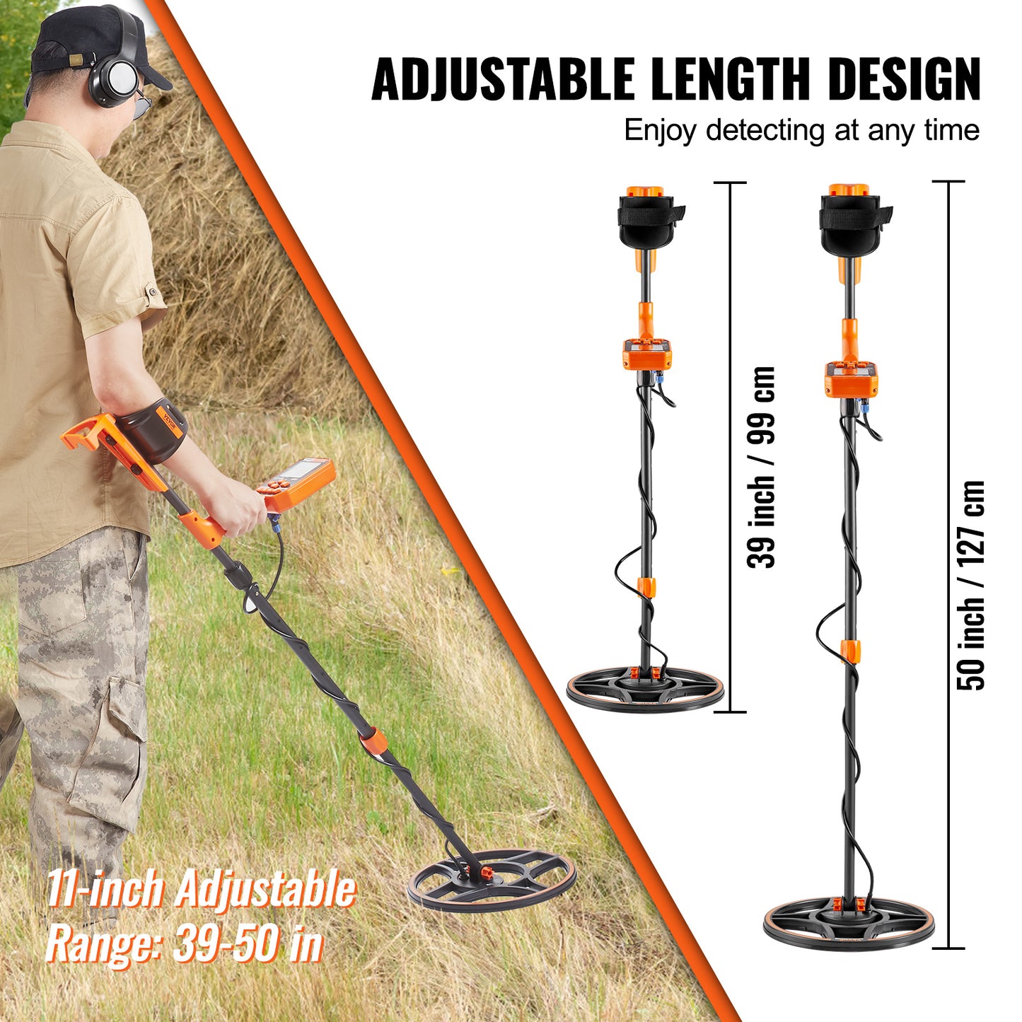 VEVOR Metal Detector, 12" Coil, Professional Rechargeable Gold Detector, 39-50 in Adjustable with LCD 7 Modes Advanced DSP Chip Bluetooth Headset, Detecting Gold Treasure Hunting