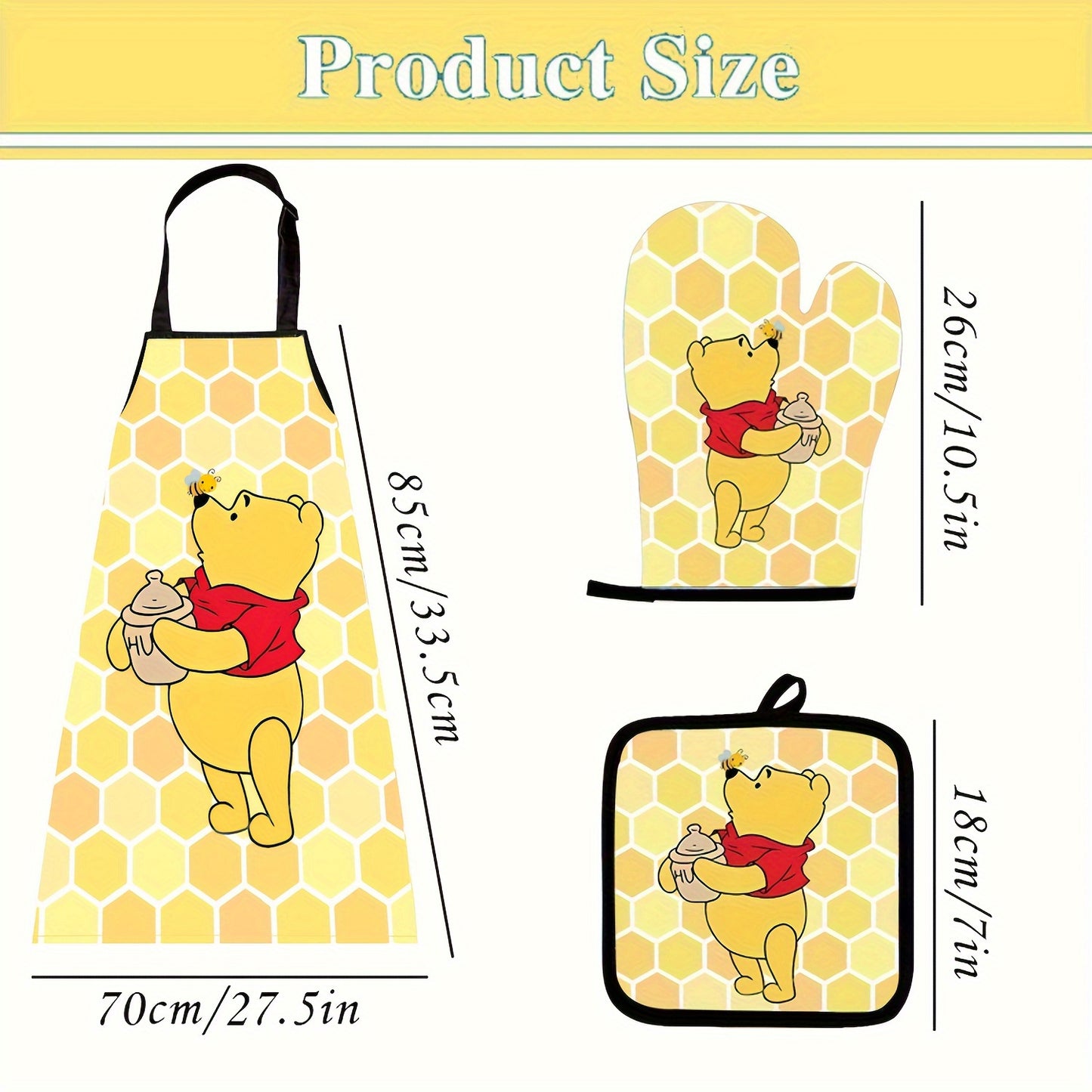 Winnie the Pooh Kitchen Set, including a cartoon apron, heat-resistant gloves, and a heat-resistant mat, bringing joy to your culinary creations.,  Playful Kitchenware, Cheerful Kitchen, Kitchen Gift Set