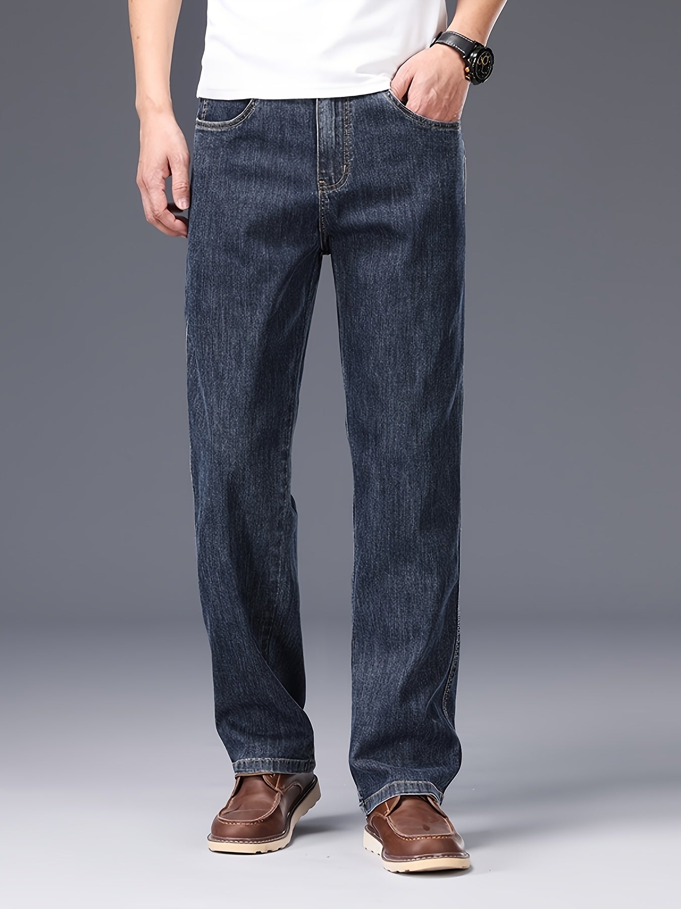 Men's Lyocell Stretch Denim Straight-Leg Jeans - All-Season Business Casual Pants with Button Detail, Machine Washable, Classic Regular Fit & Solid Color Design, Versatile for Office & Casual Attire, Durable Fabric Pants, Tim