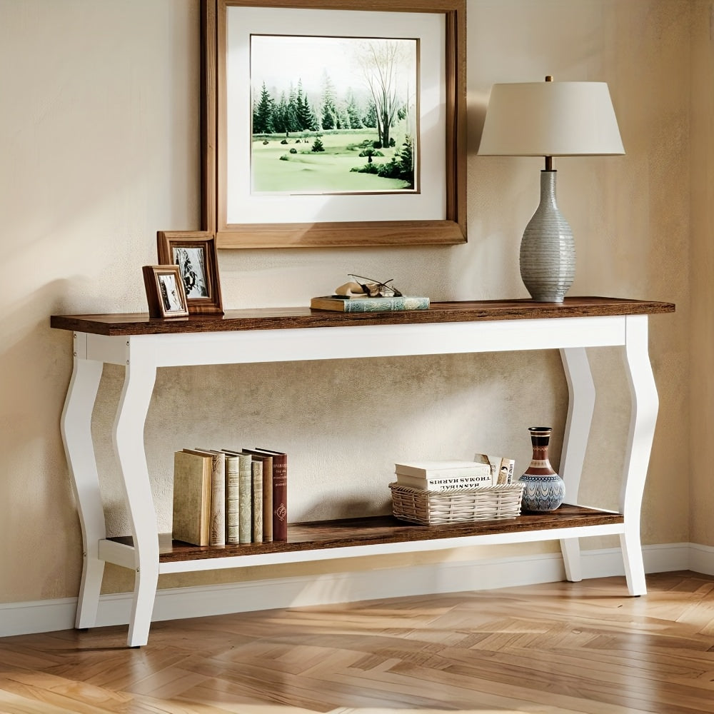 70.9 Inches Extra Long Sofa Table Behind Couch, Vintage Console Entry Table With 2-Tier Storage For Hallway, Entryway, Living Room, White & Brown