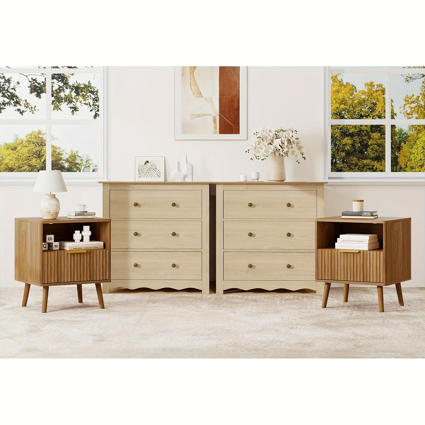 34" Tall Cabinet With 3 Drawers Set Of 2, Mid Century Modern Wooden Dressers Chest Of Drawers With Handles, Waveform Nightstand Dresser, Storage Organizer For Bedroom, Hallway, Living Room, Wood