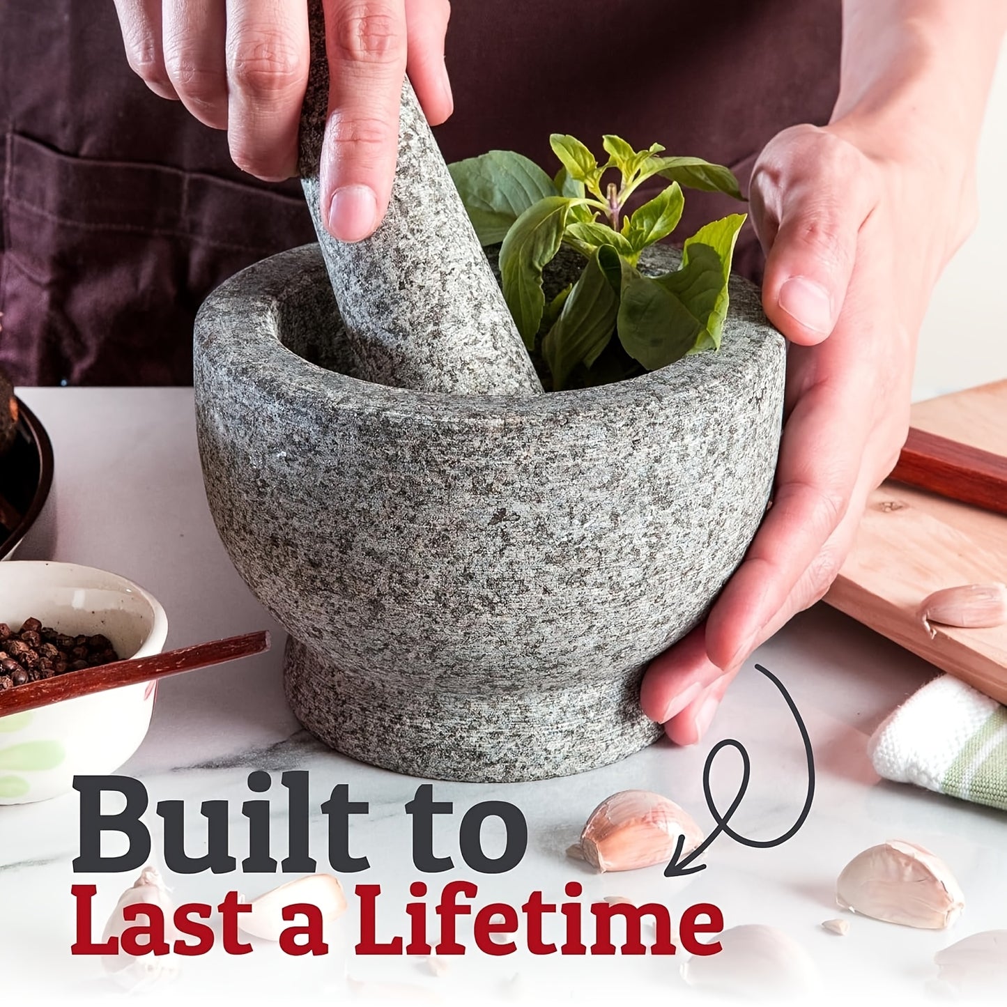 Heavy-Duty Granite Mortar and Pestle Set - Large 1.5-Cup Stone Bowl for Guacamole, Spice Crushing, - Durable Stone Mill, DIY & Fresh Sauces (Unpolished Grey)