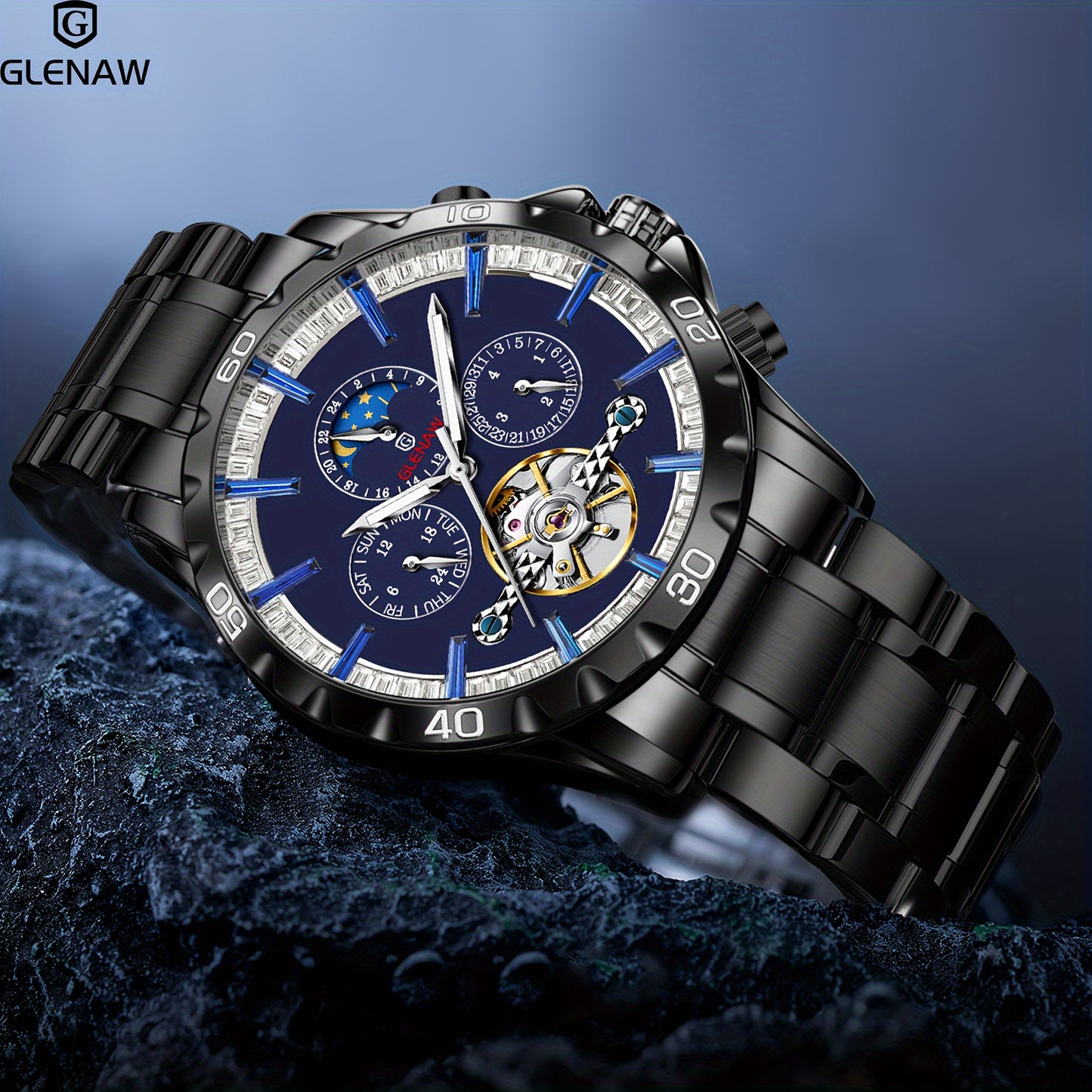 Automatic Men's Watch With Stainless Steel Strap, Multifunctional Men's Watch With Hollow Automatic Winding Mechanical Watch, Displaying Date, Day Of The Week, Month, And Stars.