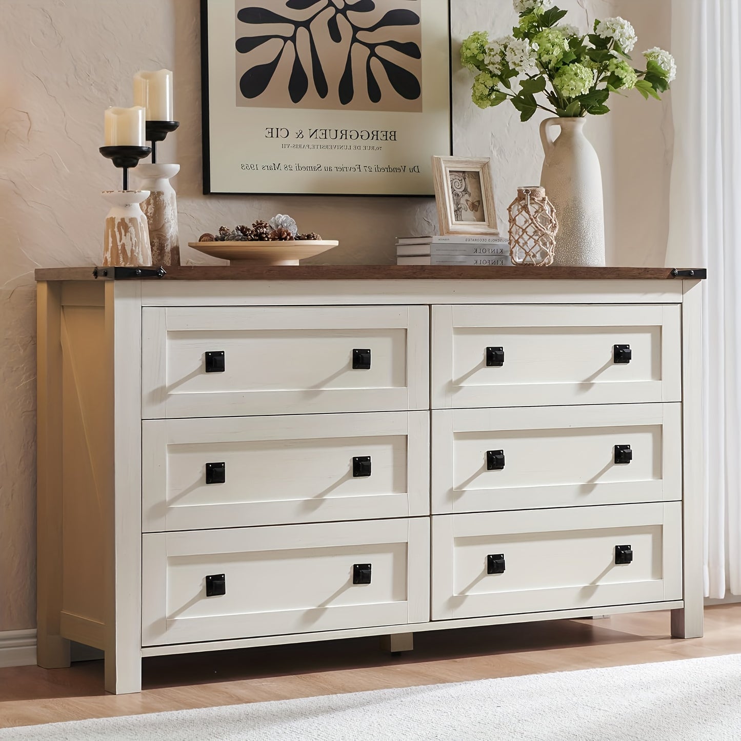 6-Drawer Solid Wood Dresser - Rustic Wide Chest of Drawers with Black Knobs, /Beige, Heavy-Duty, 27"+ Height -Standing for Bedroom, Living Room, Hallway Organizer (Assembly Required)