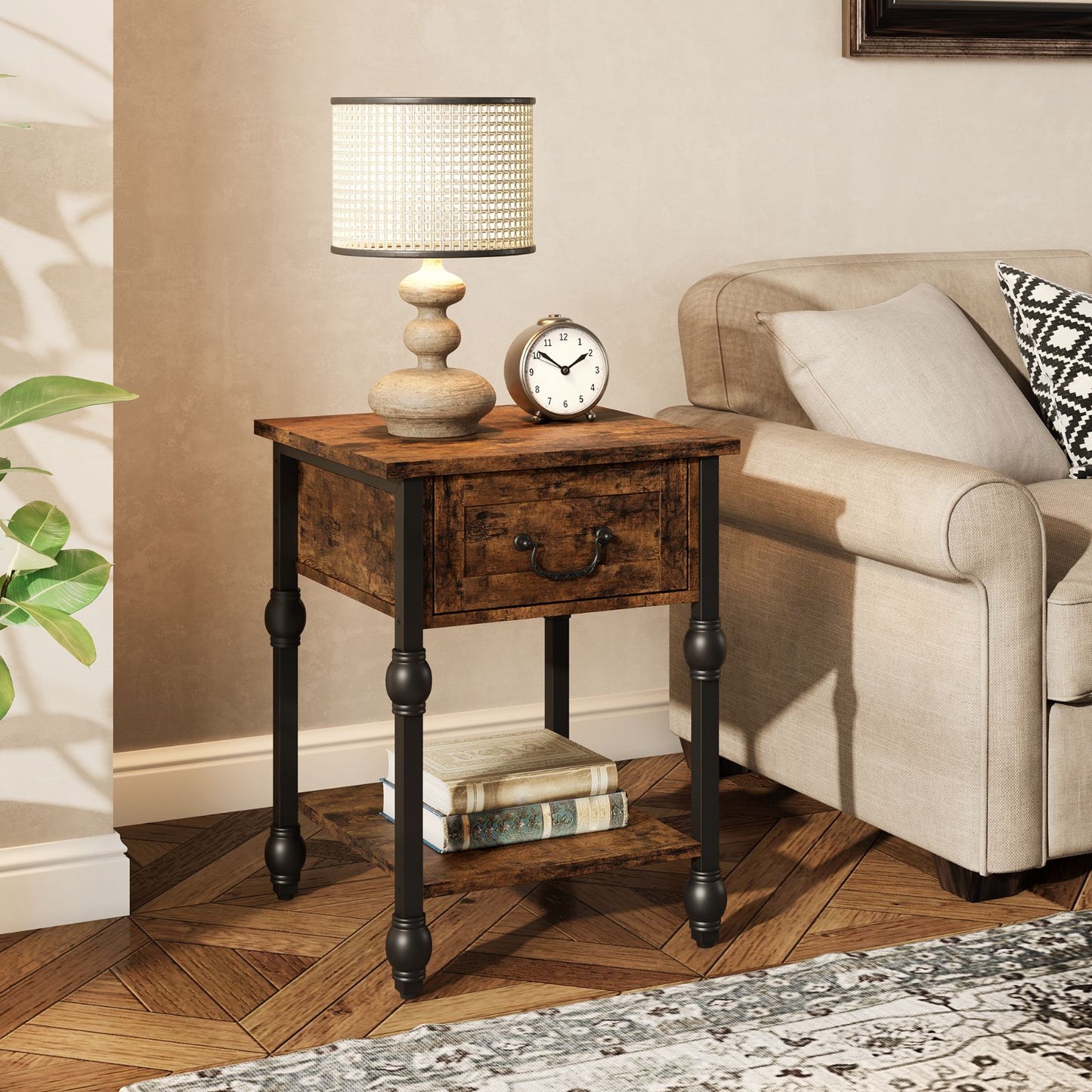 Industrial Style End Table in Brown, 2-Tier with Drawer for Bedroom, Living Room, and Compact Spaces