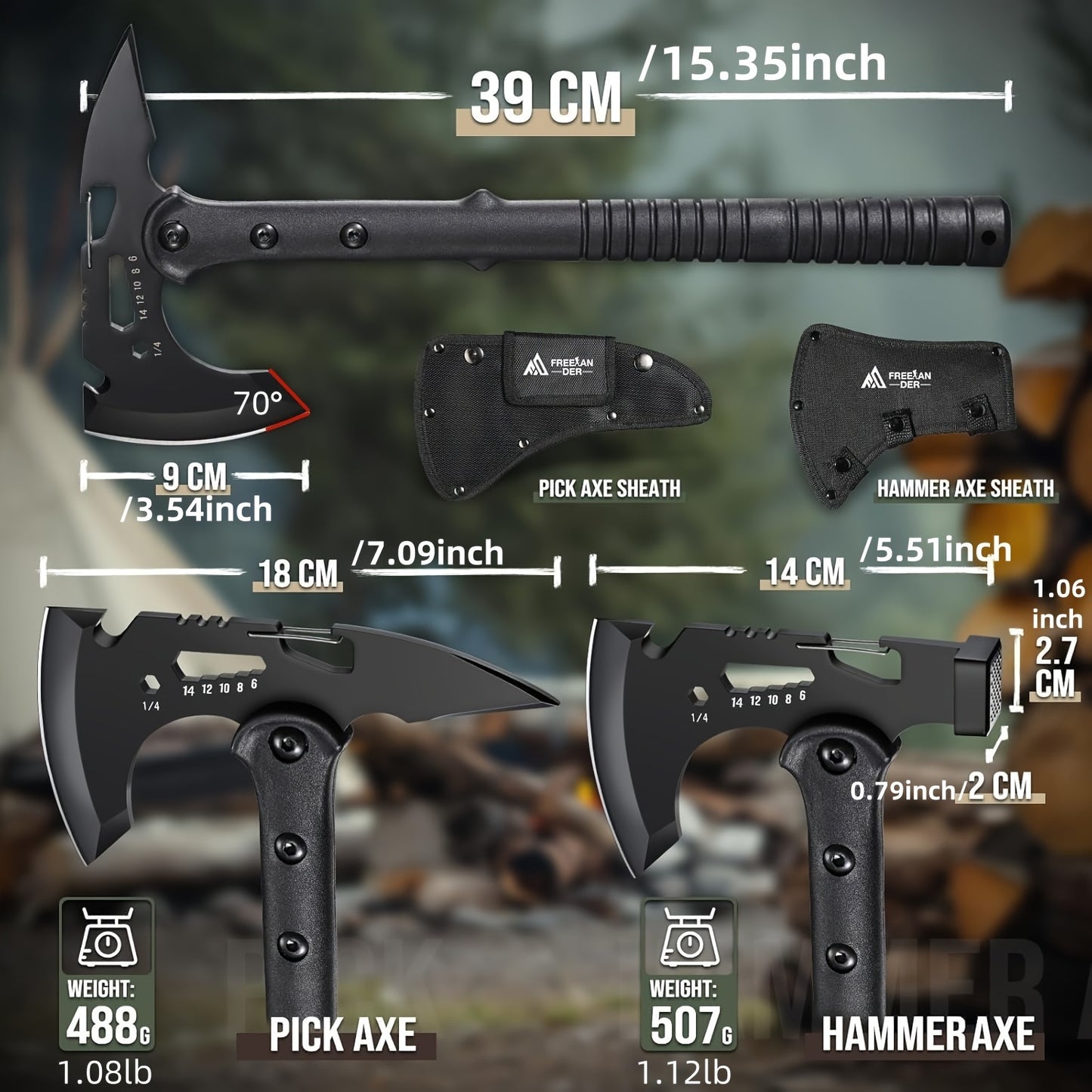 Outdoor Axe 2pcs Set, Camping Axe, Hiking Machete with Bottle Opener, Multi-size Hex Wrench And Sheath, Adventure Axe Hammer with Spike, Suitable for Hiking, Trekking And Camping, Men's Doomsday Equipment Gift, Emergency Prep