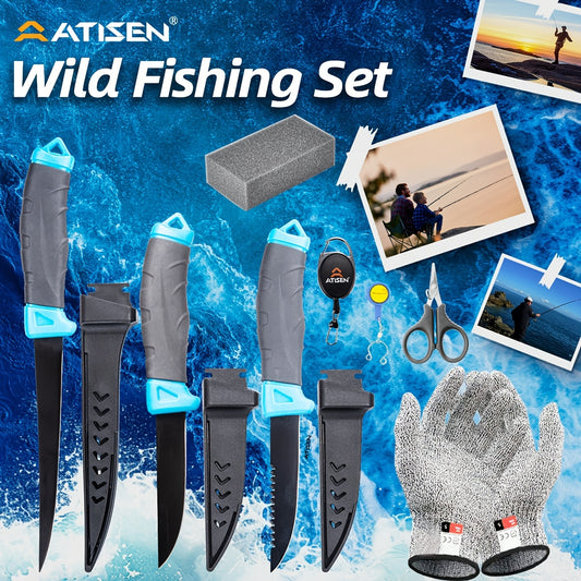 ATISEN 8pcs Fish Horn Knife Set, Fishing Set, Filleting Knife, Cutting Gloves, Cleaning Sponge, Fishing Line Cutter with Stretching Cord Loss Prevention, Wilderness Survival Knife, Outdoor Camping Supplies, Suitable Gifts for