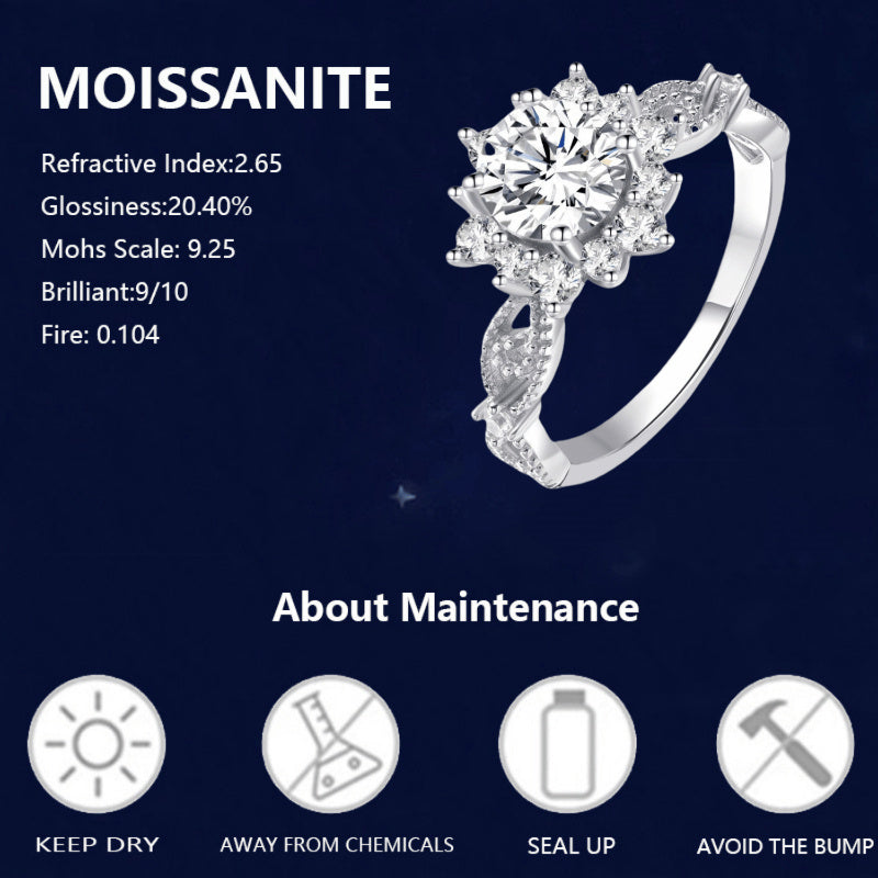 925 pure Silvery moissanite snowflake-shaped Women's fashion ring, dreamy luxury, elegant and generous, suitable for banquets, weddings, daily wear, vacation, dating, suitable for Thanksgiving, Christmas and Halloween gifts,