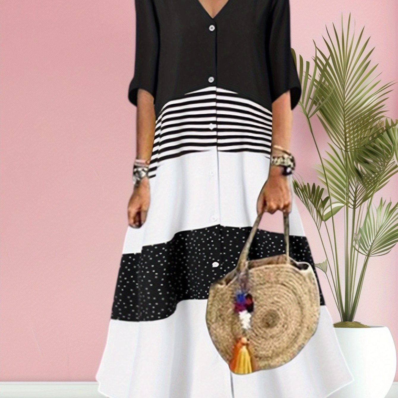 Plus Size, Oversized Women's V-neck Short Sleeved Printed Dress, Button Casual Contrasting Mid Length Skirt