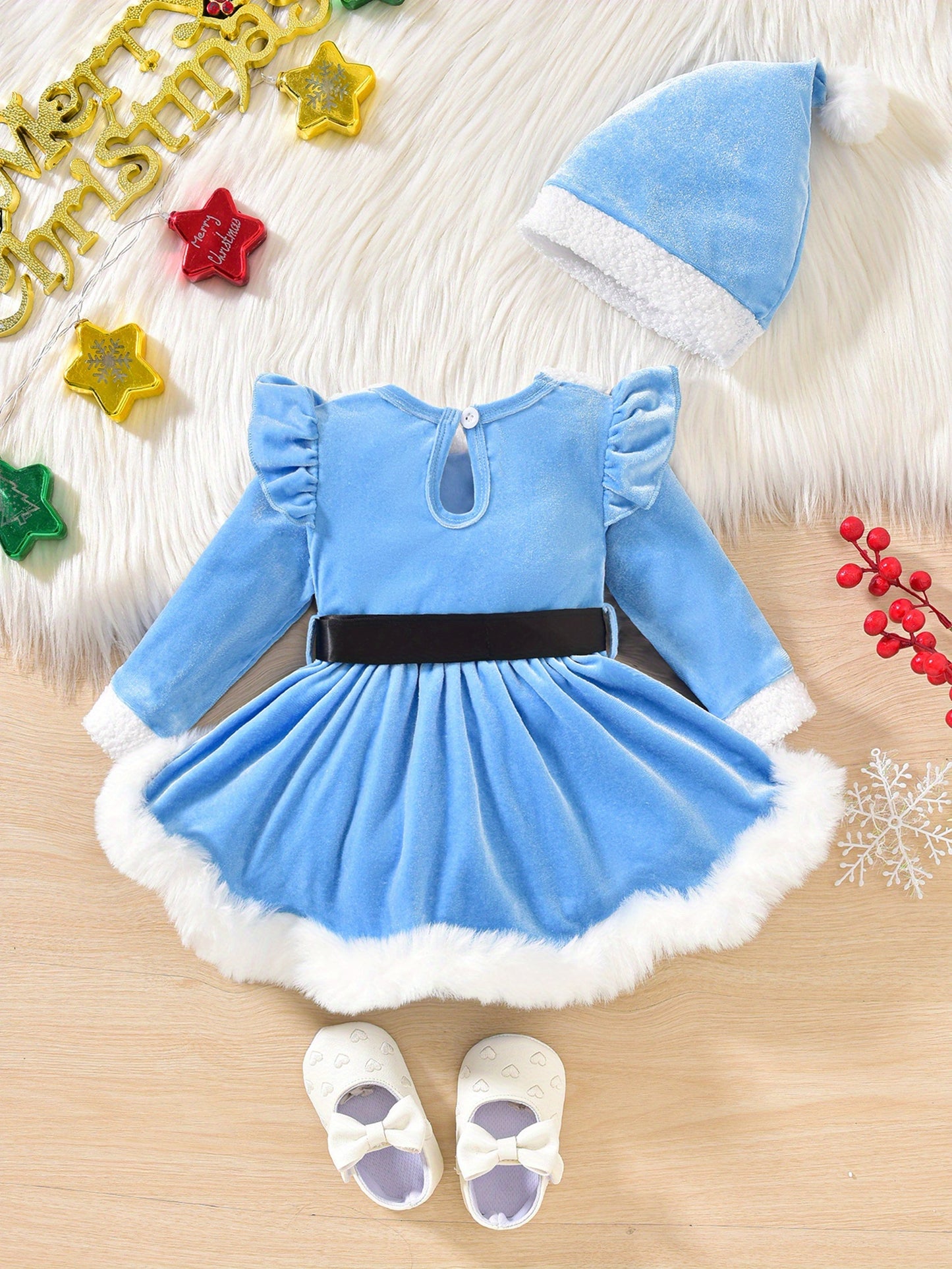 2pcs Set Baby Girls' Plush Patchwork Christmas Romper Dress & Hat Set - Soft Green & White Long Sleeve Jumpsuit with Ruffled Trim, Snap Closure, Cozy Winter Outfit for &, Machine Washable Holiday Outwear (Christmas Party Outf