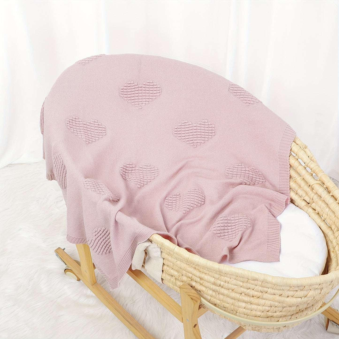 Ultra-Soft Knitted Baby Blanket with Heart Pattern - Adhesive Material, All-Season Lightweight & Warm, Pastel Pink for Newborns 0+ Months, Swaddle Blanket for Sleep, Playtime & Home Decor