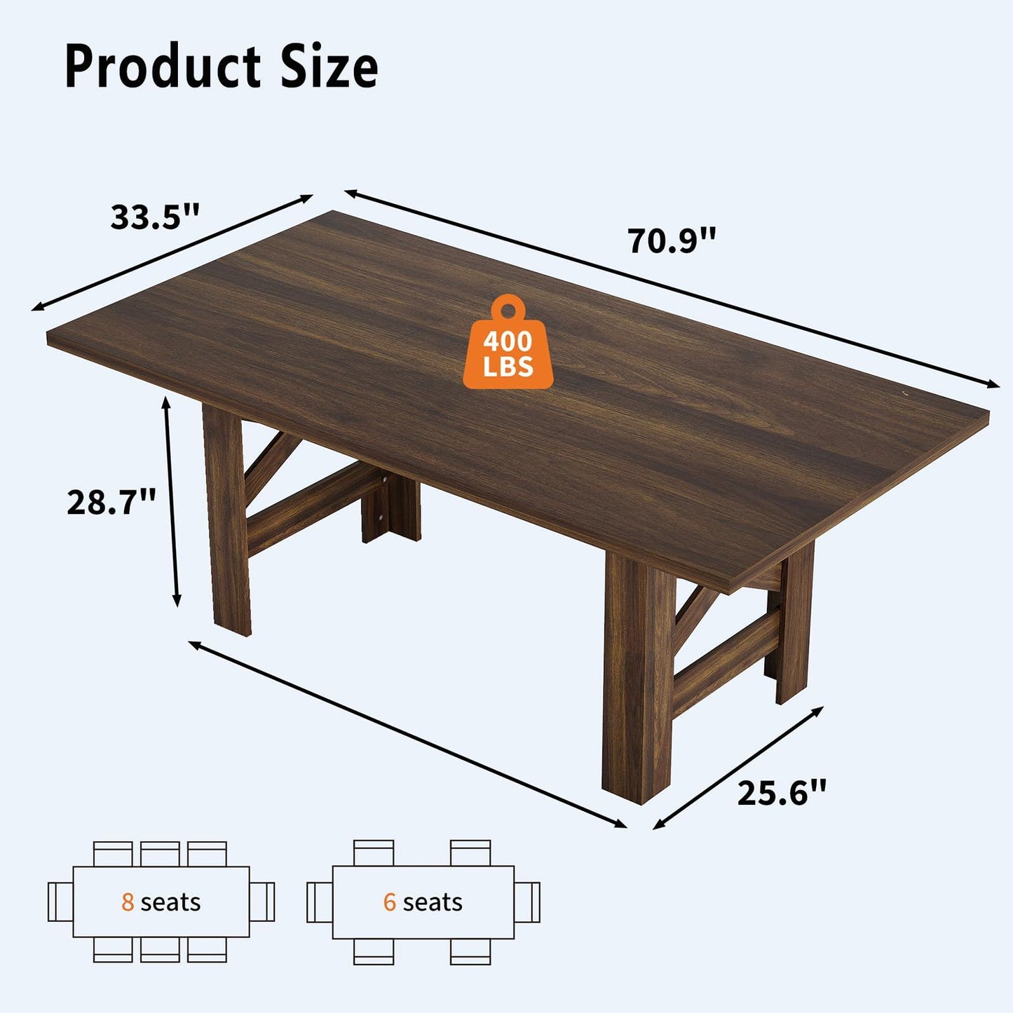 Wood Farmhouse Dining Table for 6-8 | Heavy Duty Large Kitchen Table, 70.87" Long Rectangular Dining Room Tables with Strong Legs, Thickness Tabletop, for Big Family, Dinette | Mediterranean Style, Mixed Color, Multifunctiona