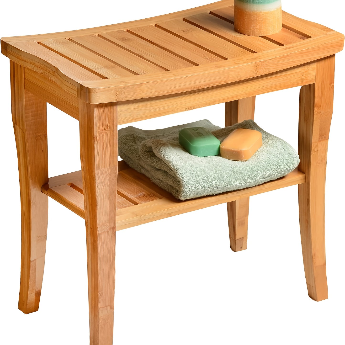 Foldable Bamboo Shower Bench with Storage Shelf & Non-Slip Seat - Sturdy Bathroom Stool with Curved Backrest-like Design, Moisture-Resistant for Indoor/Outdoor Use, Spa & Shower Decor, Space-Saving Foot Rest Shaving Stool (Gr