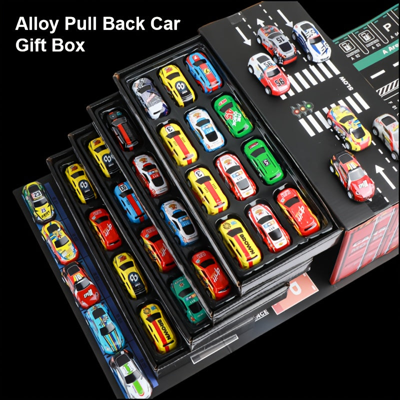 24pcs / 48pcs Pull-Back Racing Car Model Set | Various Iron Alloy Simulation Racing Include Map, Parking Lot, And Four-Story Garage | Gift Box Collector'S Edition with Rich Interactive Experience | Ideal for Christmas, Birthd