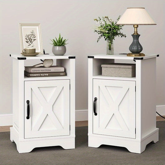 Set of 2 Nightstands with Charging Station | Tall Farmhouse Bedside Table with Large Storage and Shelf, Wooden End Table for Bedroom, Living Room, Modern Style, ROYALCRAFT