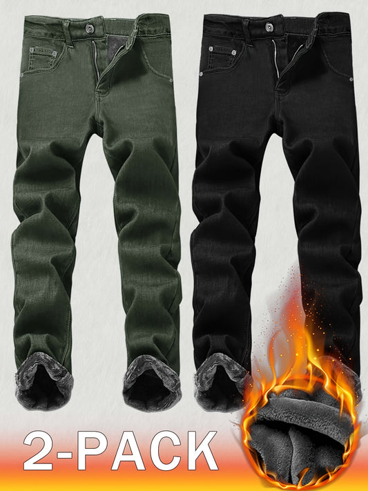2-Pack Men's Slim Fit Fleece-Lined Thermal Jeans Pants - Winter Warm Legwear, Minimalist Versatile Style for Cold Weather, Casual & Dress Jeans (Original Color)