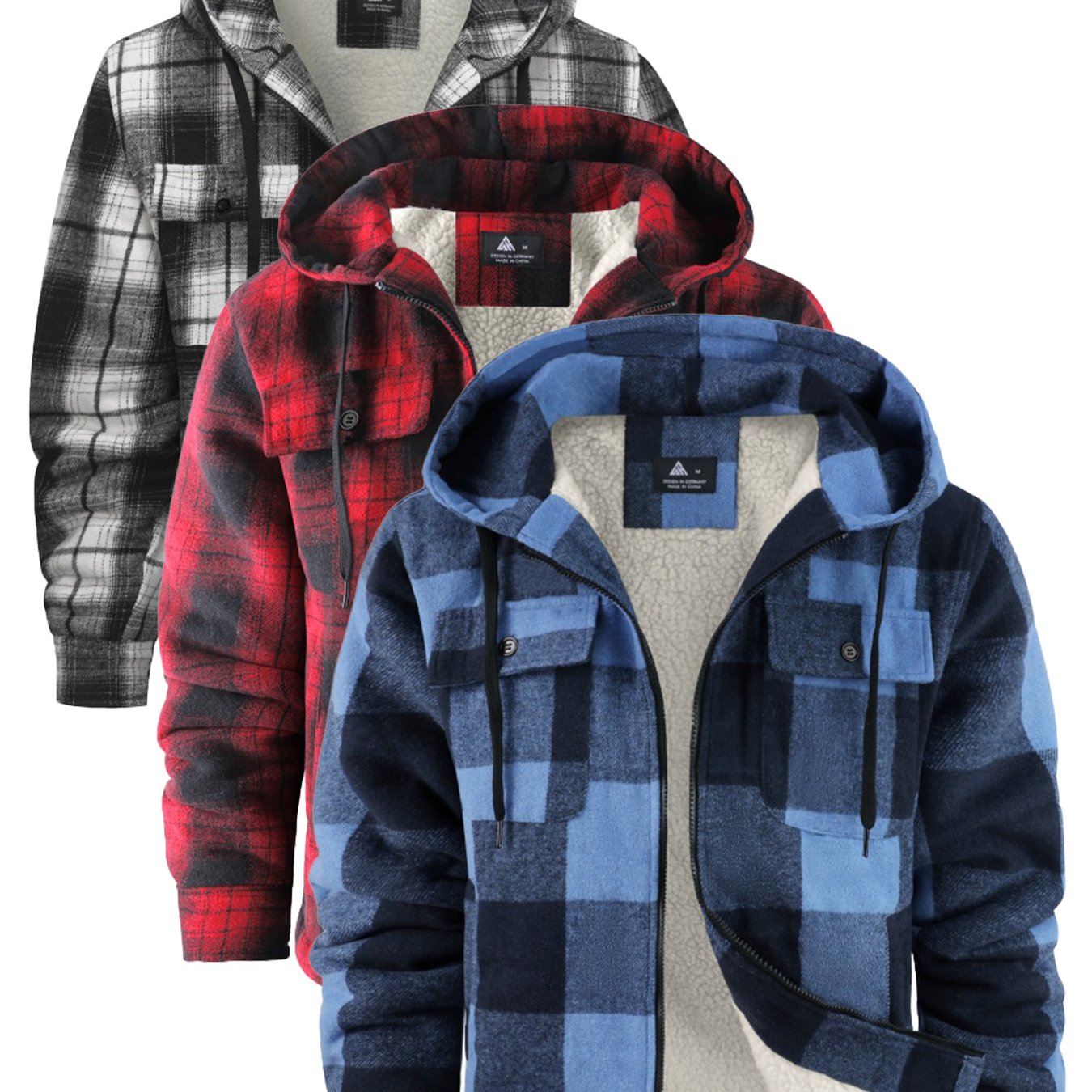 3pcs Sets Fashion Flannel Plaid Shirt Jacket for Men Sherpa Lined Zip Up Hoodies Shirts Jackets