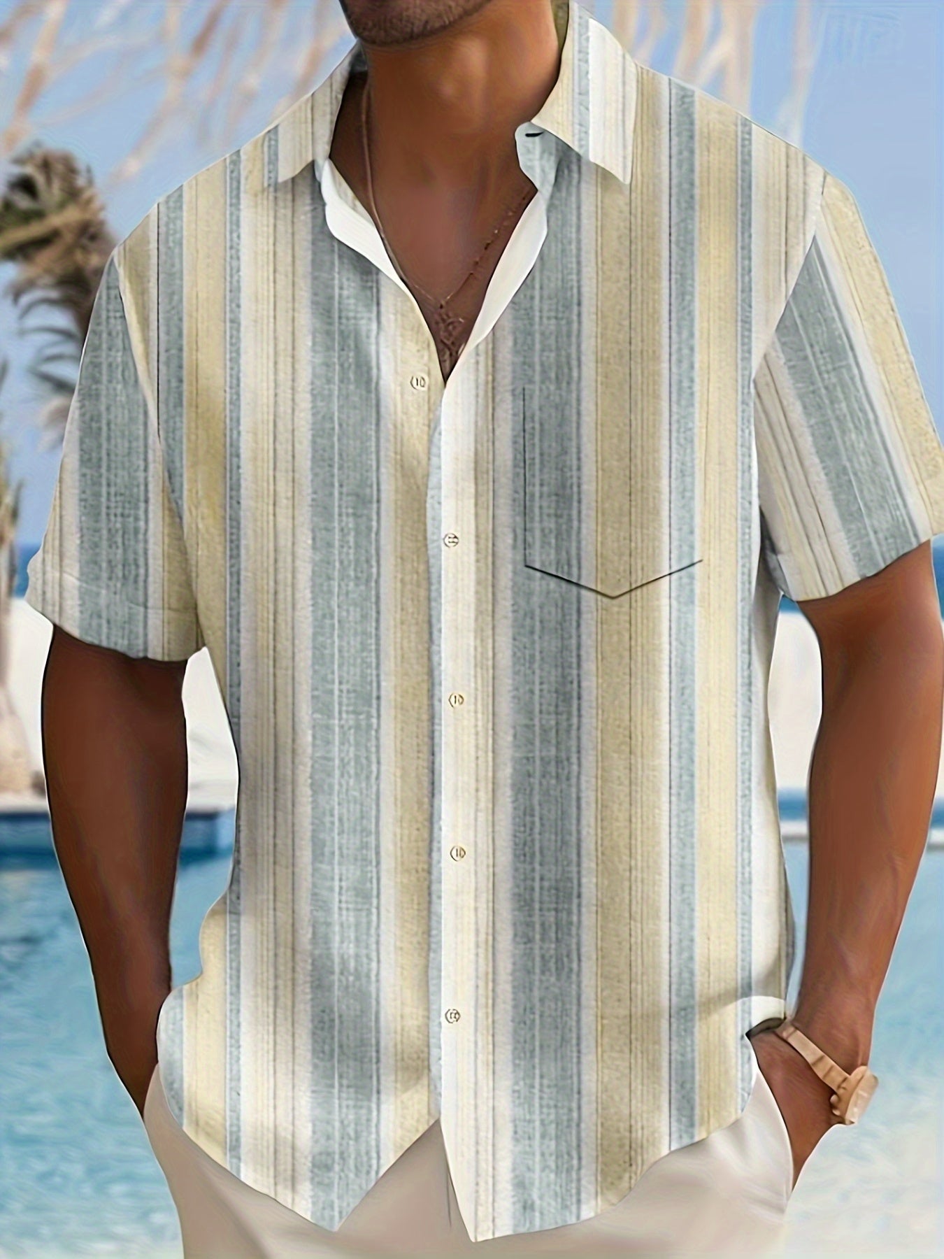 Men's Casual Short Sleeve Shirt with Full-Body Digital Print - Striped Design, Regular Fit, Button Front, All-Season Versatile Top for Casual Outings