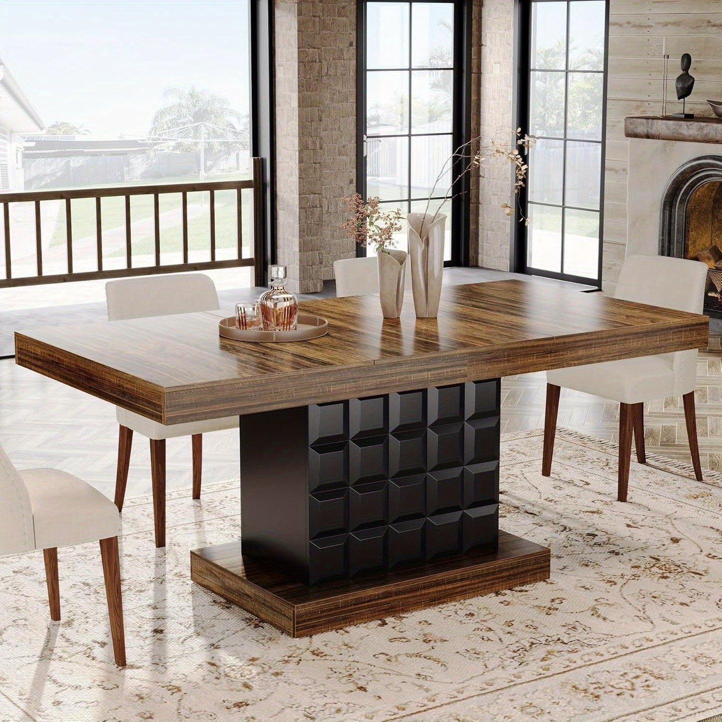 63" Farmhouse Dining Table Extension - Modern Rectangular Kitchen Table for 4-6 people with Brown Wood-like top & Sturdy Pedestal Base, Heavy-Duty MDF Construction, Easy Assembly - Perfect for Dining Room, Kitchen, or Enterta