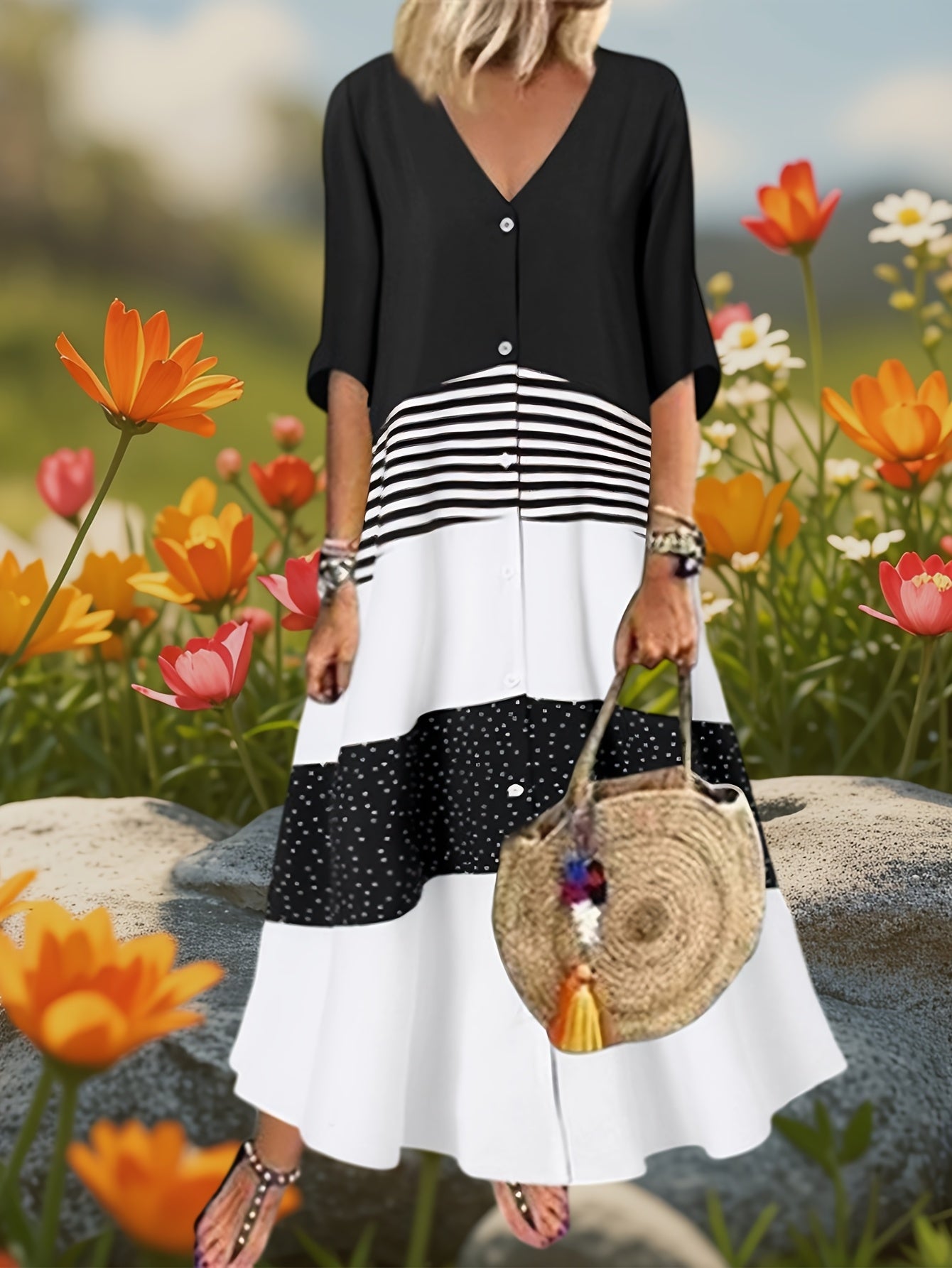 Plus Size, Oversized Women's V-neck Short Sleeved Printed Dress, Button Casual Contrasting Mid Length Skirt