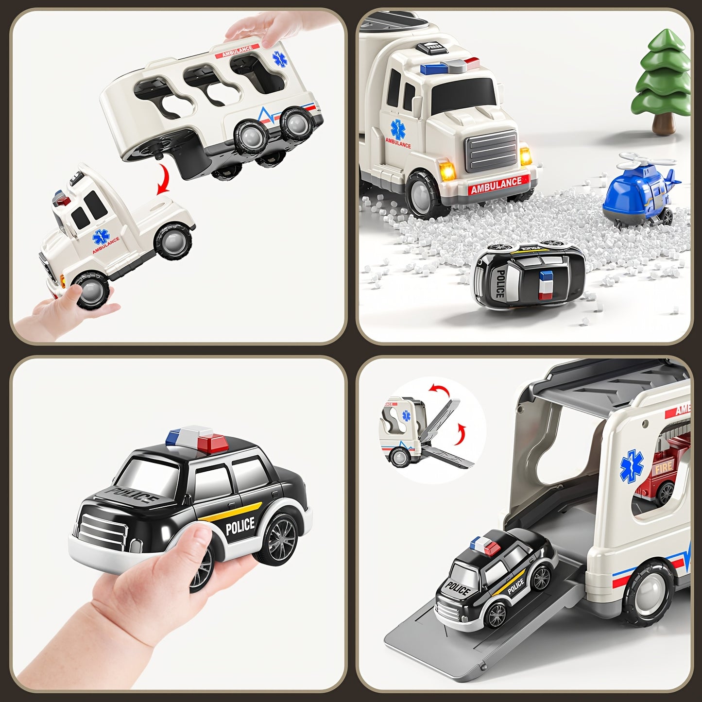 Babyhome Ambulance Truck 5 in 1 with Lighting & Sound, Friction Power Vehicle, Rescue Helicopter, Police Car, Fire Truck, Ambulance, Christmas, Birthday Gift, Interactive Toy Combination Toy Car