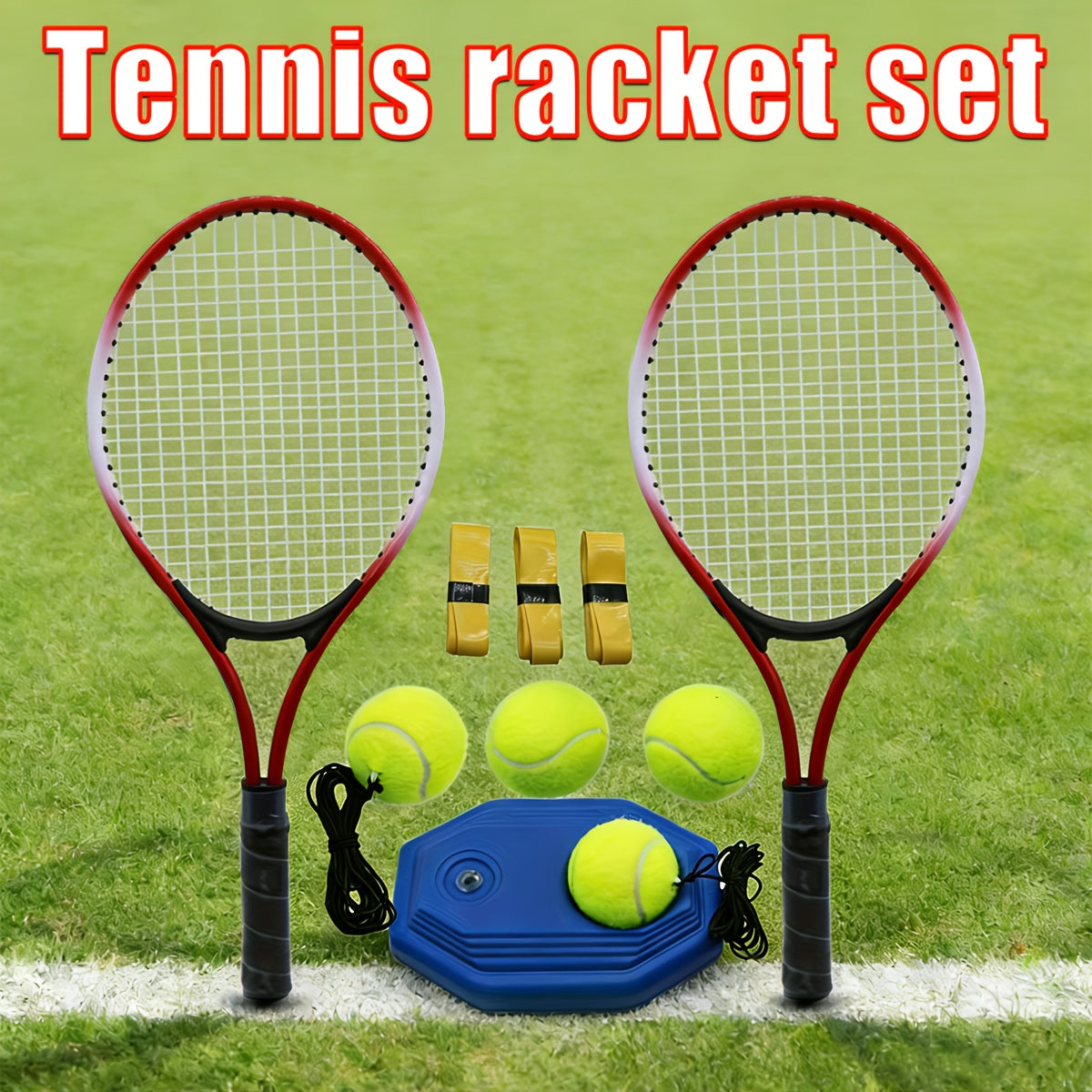 Double-person Junior Tennis Racket Set, Multi-functional Sports Racket, Includes 1 Tennis Training Device, 4 Tennis Balls, 2 Ropes, 3 Replacement Grips, 1 Net Bag. Suitable for Ladies, Gentlemen And Beginners. The Best Gift f