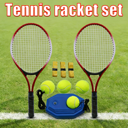 Double-person Junior Tennis Racket Set, Multi-functional Sports Racket, Includes 1 Tennis Training Device, 4 Tennis Balls, 2 Ropes, 3 Replacement Grips, 1 Net Bag. Suitable for Ladies, Gentlemen And Beginners. The Best Gift f