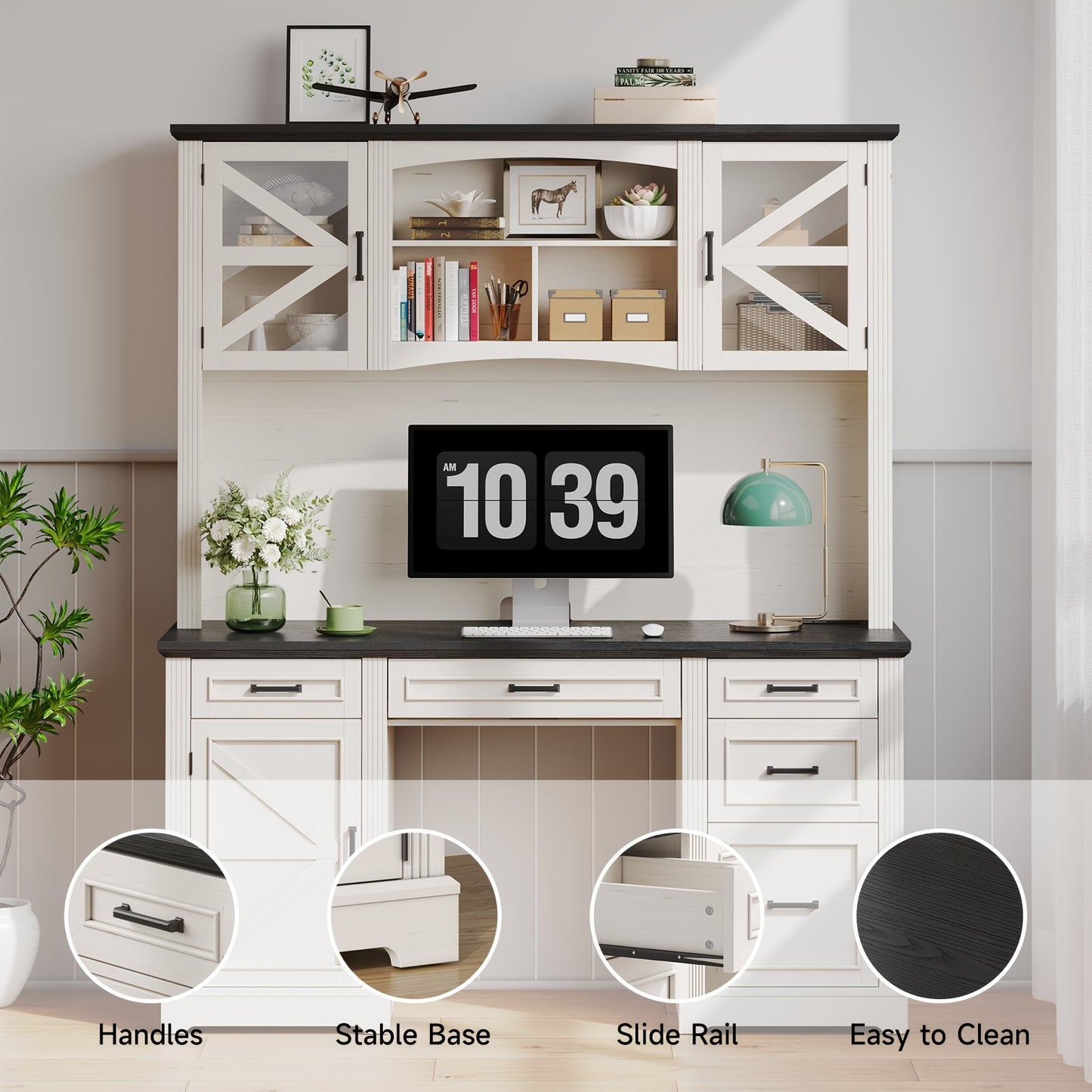 73-inch H Farmhouse Style Executive Desk with Bookshelves And Charging Station | Desk with 5 Drawers, Locker, And Cable Management System, Home Computer Workstation, Off White& Black
