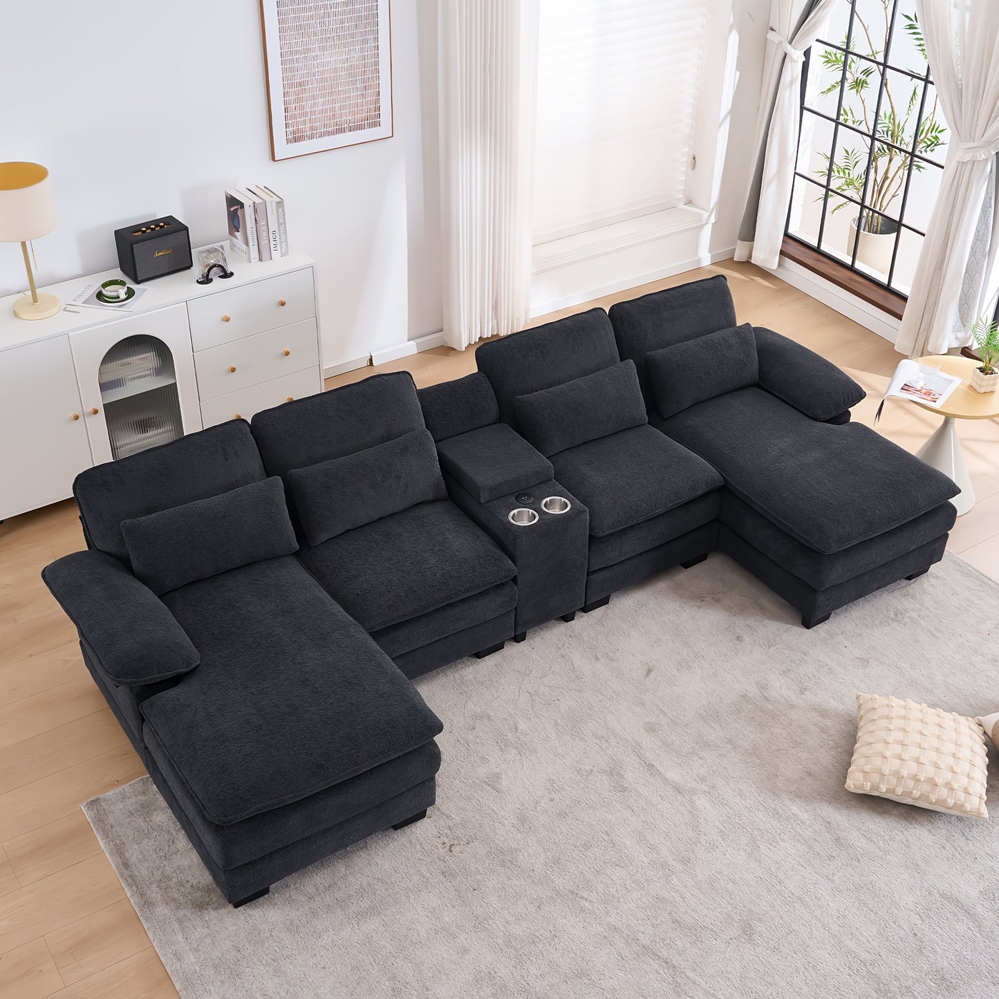 Living Room Comfort Combo Sofa, U-Shaped Cloud Sofa Combination Sofa, Modern Corduroy Modular Sofa with Recliner, Console Cup Holder