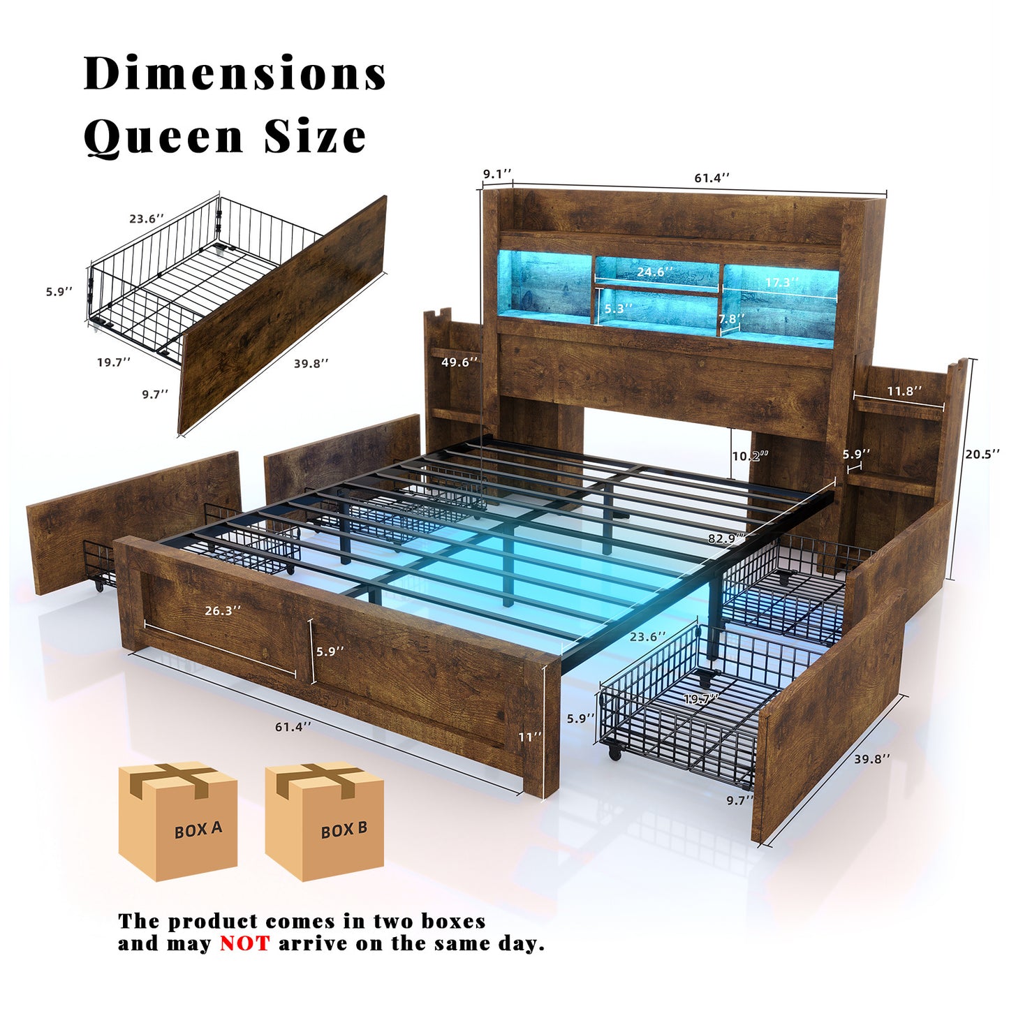 PAPABABE Bed Frame Featuring a 49.6-Inch Bookcase Headboard, Four Drawers, And Two Removable Storage Racks - a Farmhouse-Style Wooden Bed Frame Equipped with RGB LED Lights And a Charging Station, No Box Spring Required