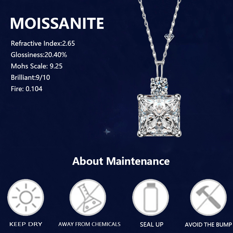 S925 Silvery 1, 5 Carat Princess Square Moissanite Necklace Clavicle Chain, Suitable for Daily Wear, Party, Gift, Date, Valentine'S Day Gift for Women, New Year Gift Jewelry, with Gift Box About 3G